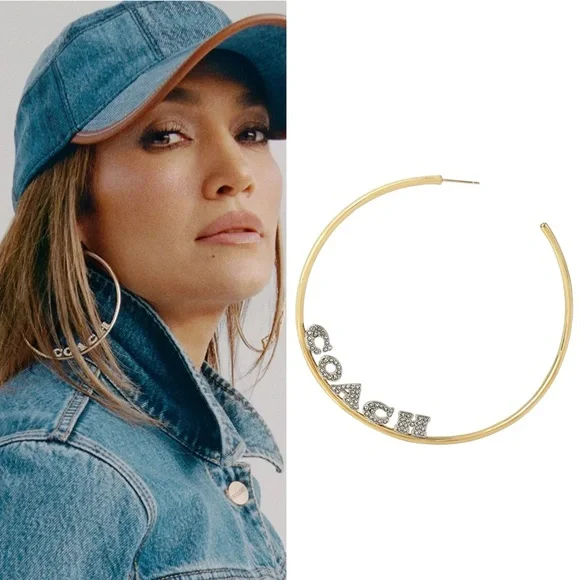 NWT COACH Gold Pave Large Logo Hoop Earrings - Picture 1 of 7